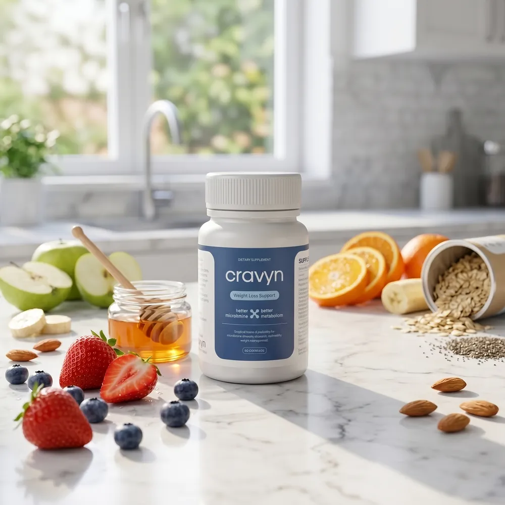 El bote de Cravyn sobre una encimera de cocina, rodeado de fruta fresca, copos de avena y almendras